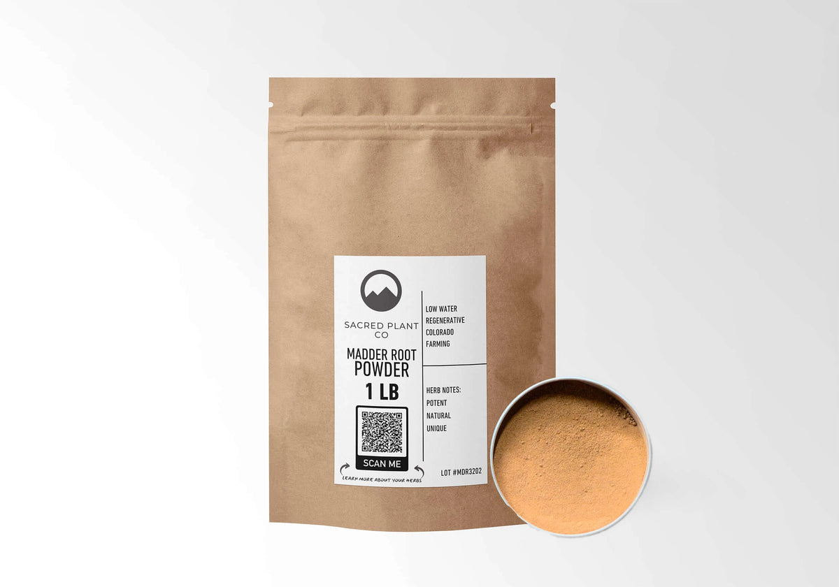 Sacred Plant Co Madder Root Powder 1 LB kraft stand-up pouch shown with a sample of the herb.