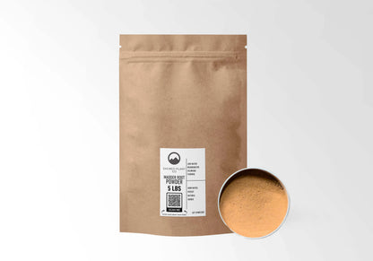 Sacred Plant Co Madder Root Powder 5 LBS kraft stand-up pouch shown with a sample of the herb.