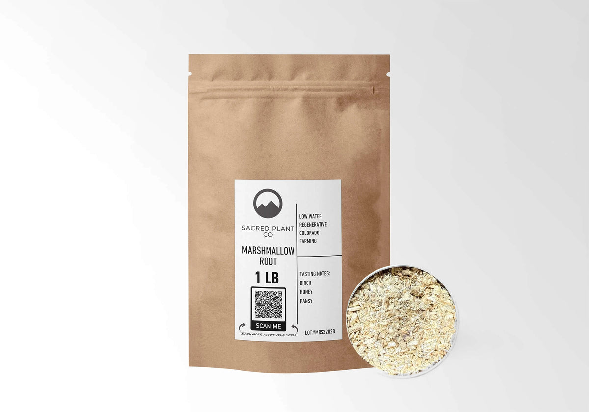 Sacred Plant Co Marshmallow Root 1 LB kraft stand-up pouch shown with a sample of the herb.