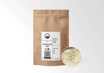 Sacred Plant Co Marshmallow Root 1 LB kraft stand-up pouch shown with a sample of the herb.