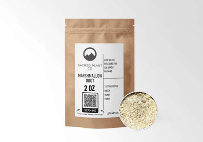Sacred Plant Co Marshmallow Root 2 oz in a kraft stand-up pouch with a sample in a silver tin.