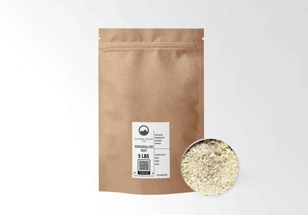 Sacred Plant Co Marshmallow Root 5 LBS kraft stand-up pouch shown with a sample of the herb.