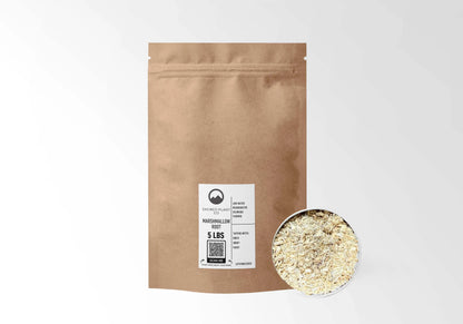 Sacred Plant Co Marshmallow Root 5 LBS kraft stand-up pouch shown with a sample of the herb.