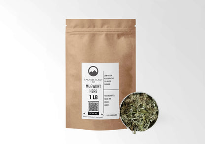 Sacred Plant Co Mugwort 1 LB kraft stand-up pouch shown with a sample of the herb.