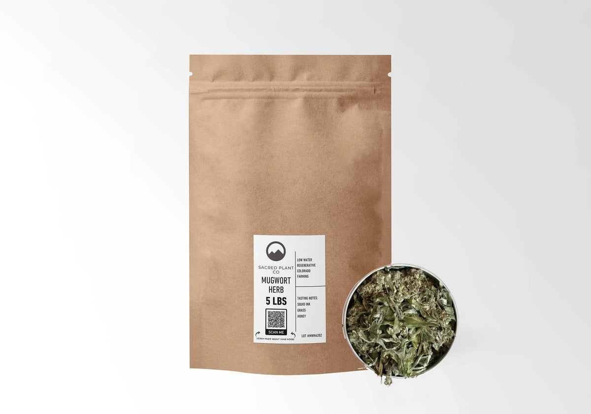 Sacred Plant Co Mugwort 5 LBS kraft stand-up pouch shown with a sample of the herb.
