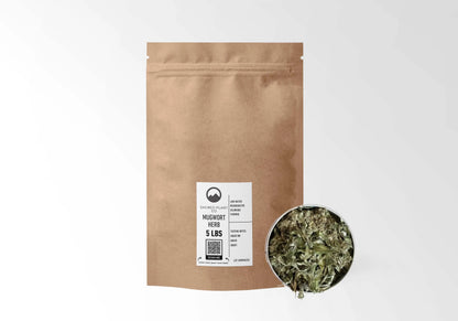 Sacred Plant Co Mugwort 5 LBS kraft stand-up pouch shown with a sample of the herb.