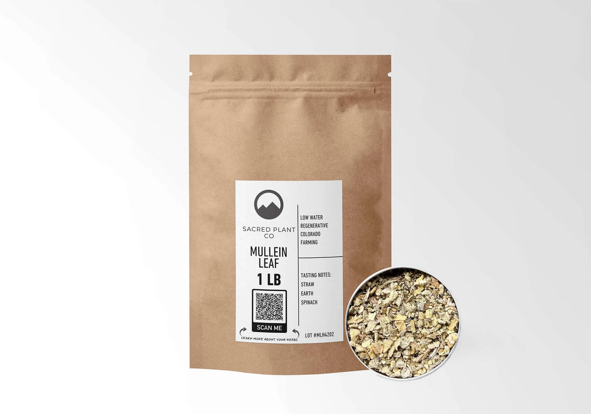 Sacred Plant Co Mullein Leaf 1 LB kraft stand-up pouch shown with a sample of the herb.