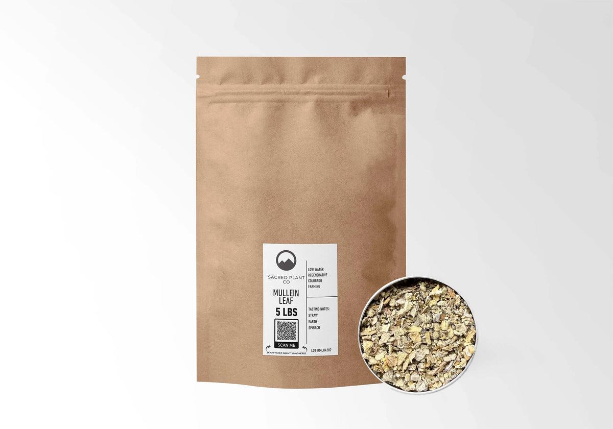 Sacred Plant Co Mullein Leaf 5 LBS kraft stand-up pouch shown with a sample of the herb.