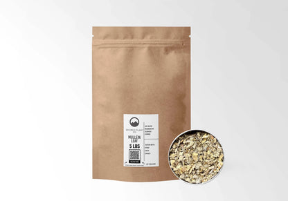 Sacred Plant Co Mullein Leaf 5 LBS kraft stand-up pouch shown with a sample of the herb.