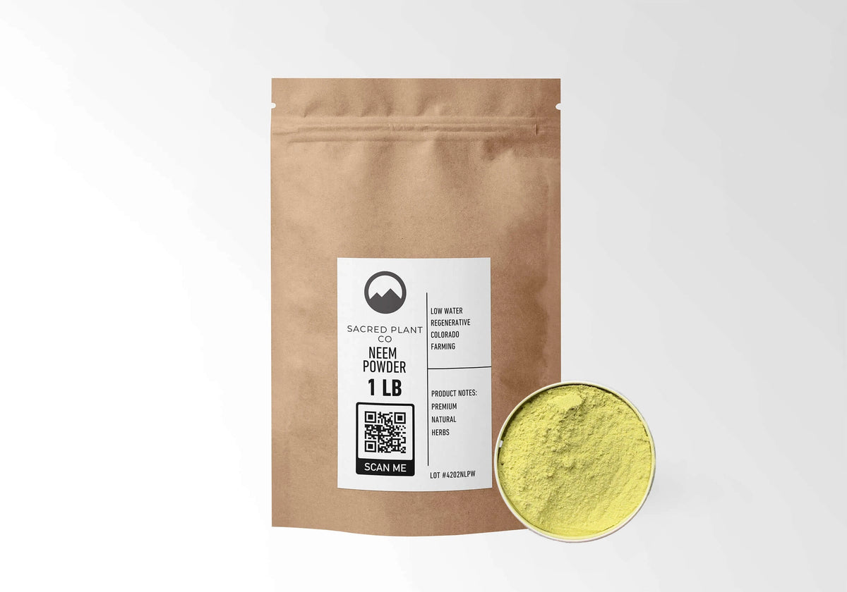 Sacred Plant Co Neem Leaf Powder 1 LB kraft stand-up pouch shown with a sample of the powder.