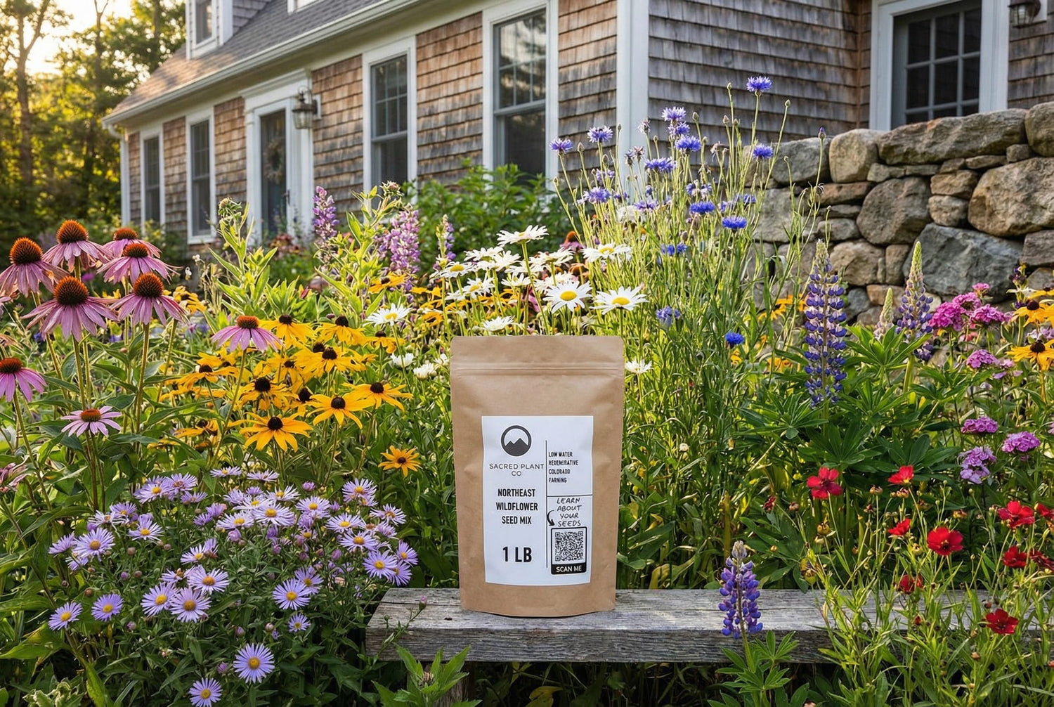 Northeast Wildflower Seed Mix in bloom—purple coneflower, New England aster, black-eyed Susan, Shasta daisy, lupine, wallflower, cornflower, larkspur, scarlet flax—growing in front of a traditional Northeastern home with Sacred Plant Co’s 1 lb seed mix bag displayed.