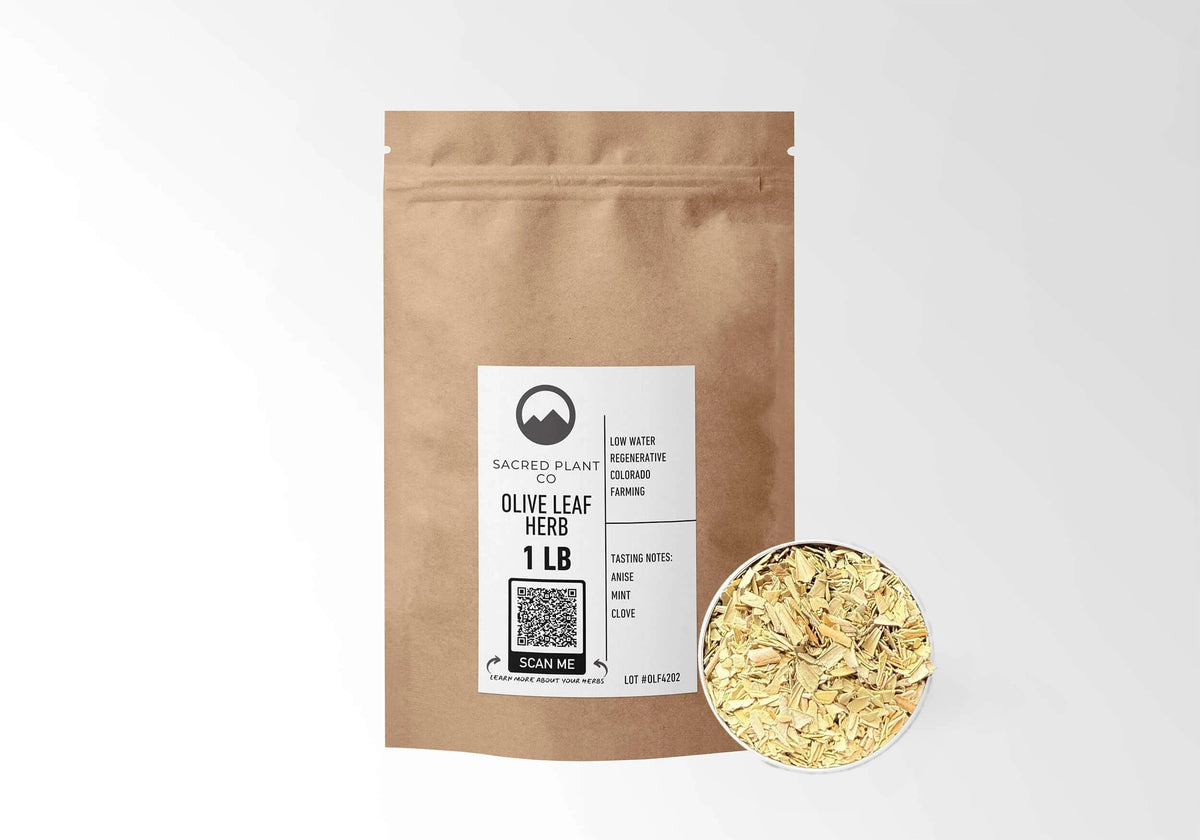 Sacred Plant Co Olive Leaf 1 LB kraft stand-up pouch shown with a sample of the herb.