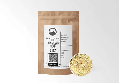 Sacred Plant Co Olive Leaf 2 oz in a kraft stand-up pouch with a sample in a silver tin.