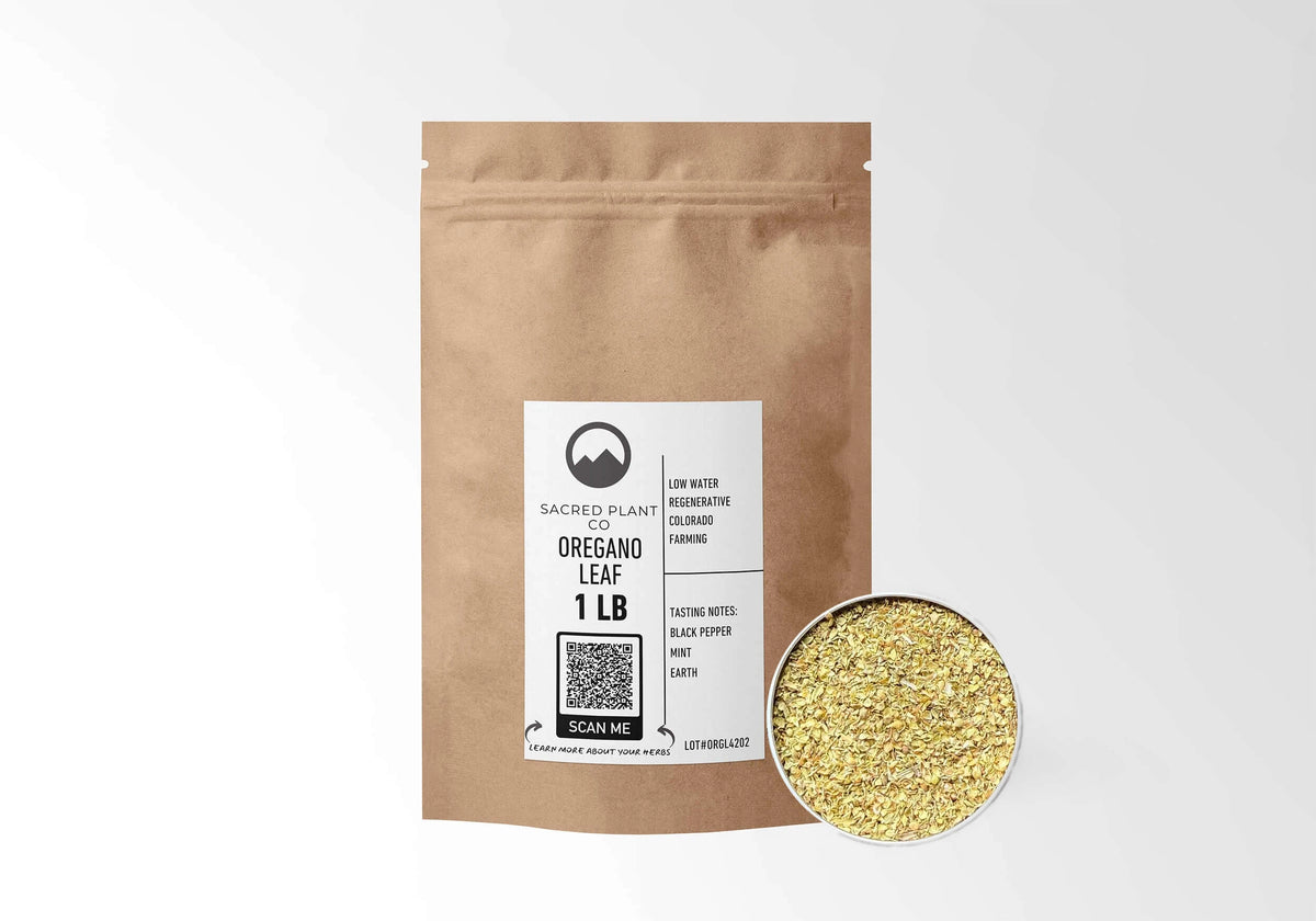 Sacred Plant Co Oregano Leaf 1 LB kraft stand-up pouch shown with a sample of the herb.