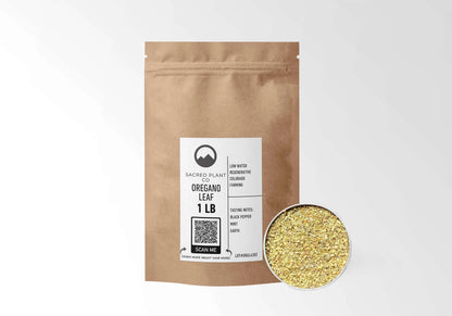 Sacred Plant Co Oregano Leaf 1 LB kraft stand-up pouch shown with a sample of the herb.