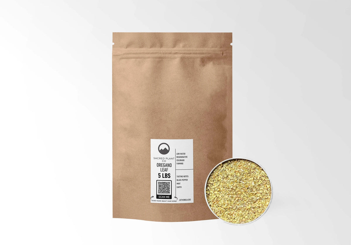 Sacred Plant Co Oregano Leaf 5 LBS kraft stand-up pouch shown with a sample of the herb.