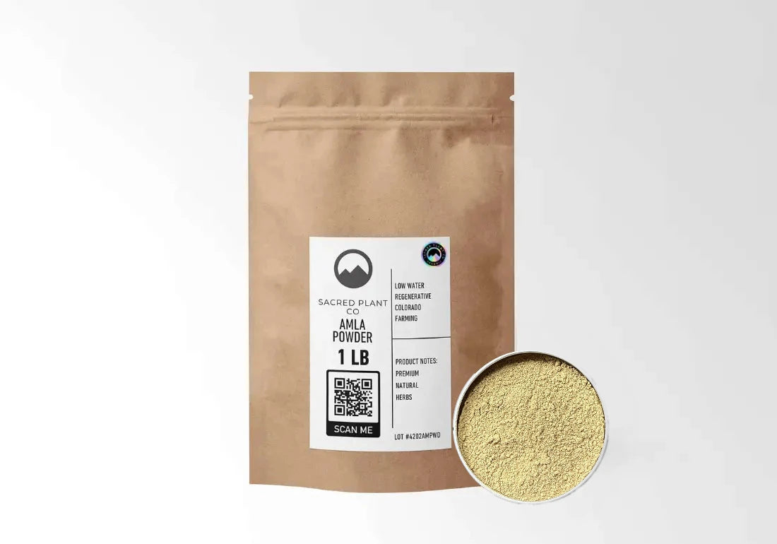 Sacred Plant Co Organic Amla Powder 1 LB kraft stand-up pouch shown with a sample of the powder.