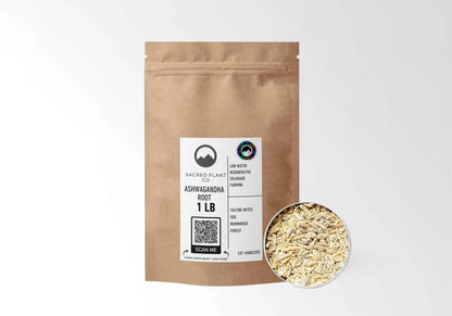 Sacred Plant Co Organic Ashwagandha Root 1 LB kraft stand-up pouch shown with a sample of the herb.