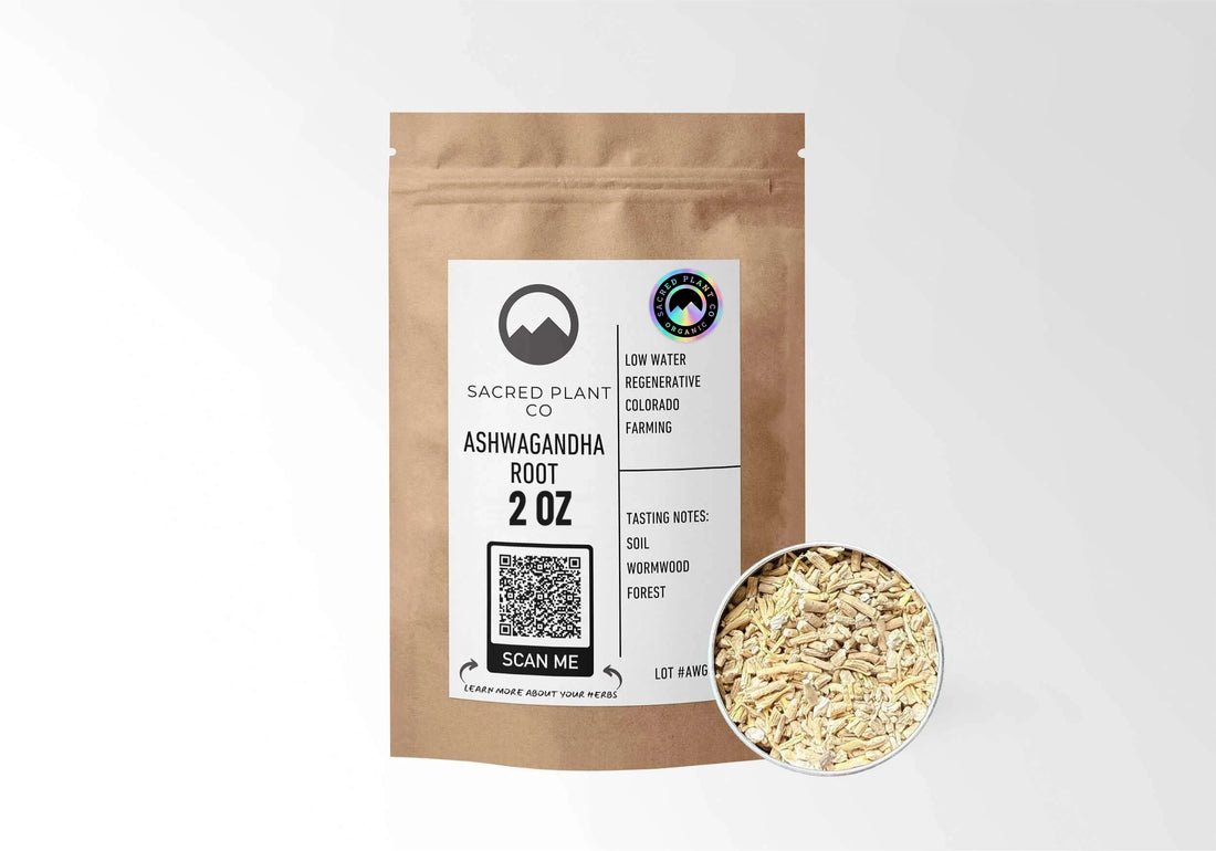 Sacred Plant Co Organic Ashwagandha Root 2 oz in a kraft stand-up pouch with a sample in a silver tin.