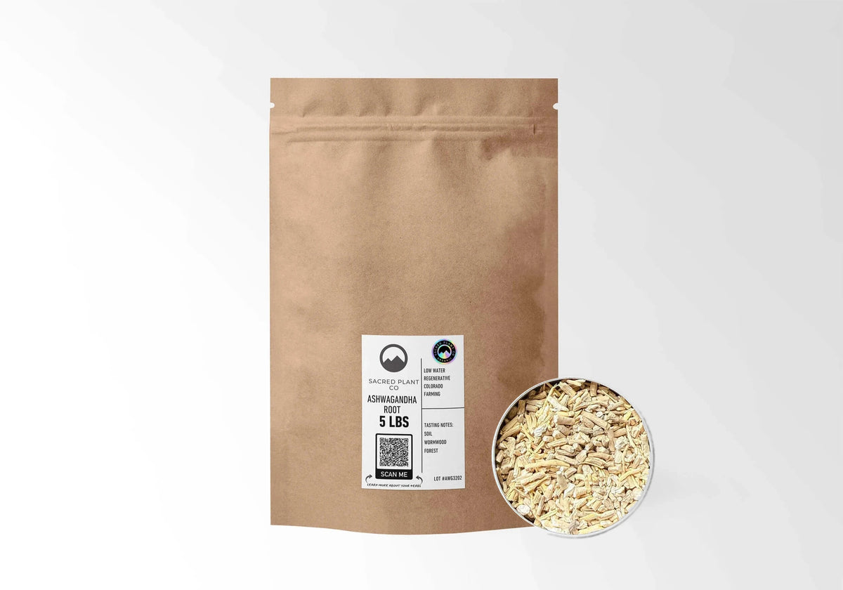 Sacred Plant Co Organic Ashwagandha Root 5 LBS kraft stand-up pouch shown with a sample of the herb.