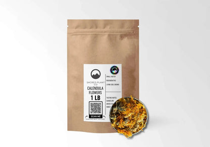 Sacred Plant Co Organic Calendula Flowers 1 LB kraft stand-up pouch shown with a sample of the flowers.