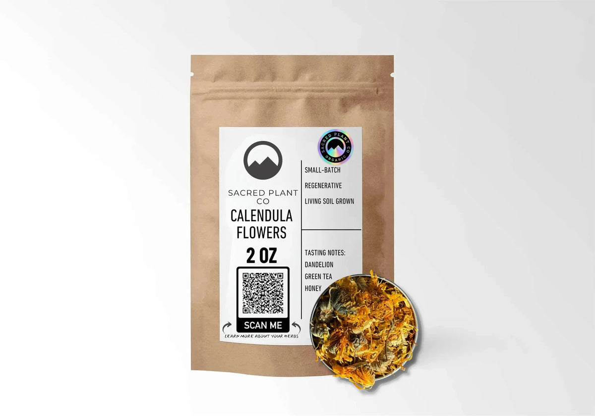 Sacred Plant Co Organic Calendula Flowers 2 oz kraft stand-up pouch shown with a sample of the flowers.