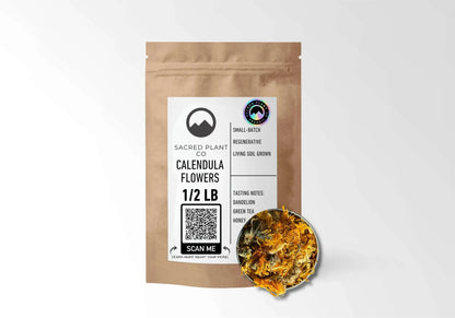 Sacred Plant Co Organic Calendula Flowers 1/2 LB kraft stand-up pouch shown with a sample of the flowers.
