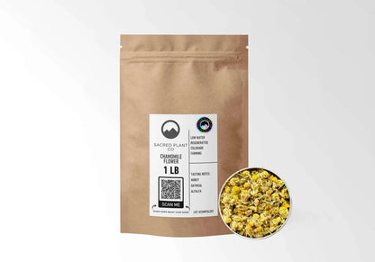 Sacred Plant Co Organic Chamomile 1 LB kraft stand-up pouch shown with a sample of the herb.