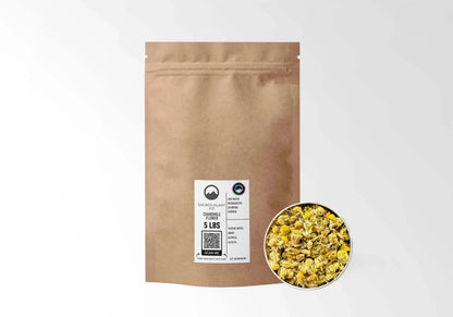Sacred Plant Co Organic Chamomile 5 LBS kraft stand-up pouch shown with a sample of the herb.