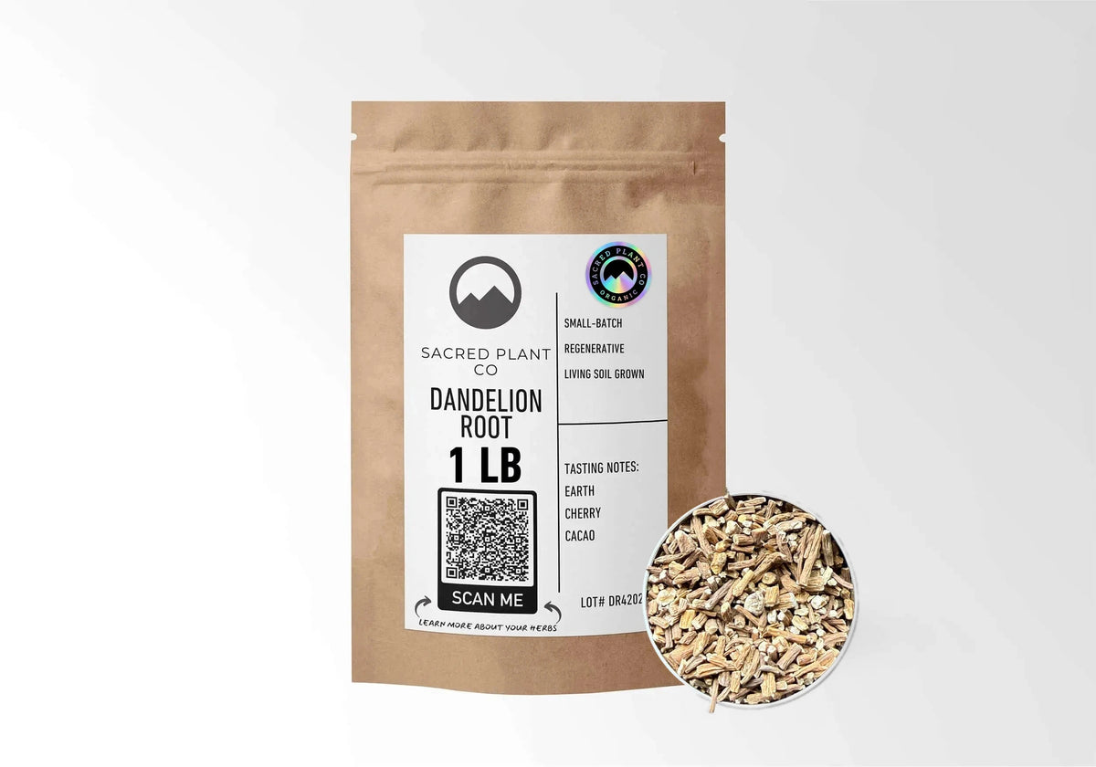 Sacred Plant Co Organic Dandelion Root 1 LB kraft stand-up pouch shown with a sample of the herb.