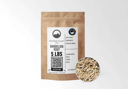 Sacred Plant Co Organic Dandelion Root 5 LBS kraft stand-up pouch shown with a sample of the herb.