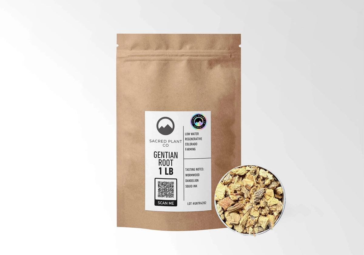 Sacred Plant Co Organic Gentian Root 1 LB kraft stand-up pouch shown with a sample of the herb.