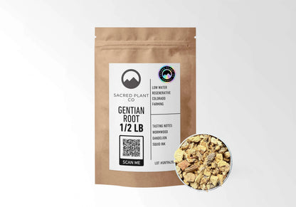 Sacred Plant Co Organic Gentian Root 1/2 LB in a kraft stand-up pouch with the holographic organic seal on the label and a sample in a silver tin.