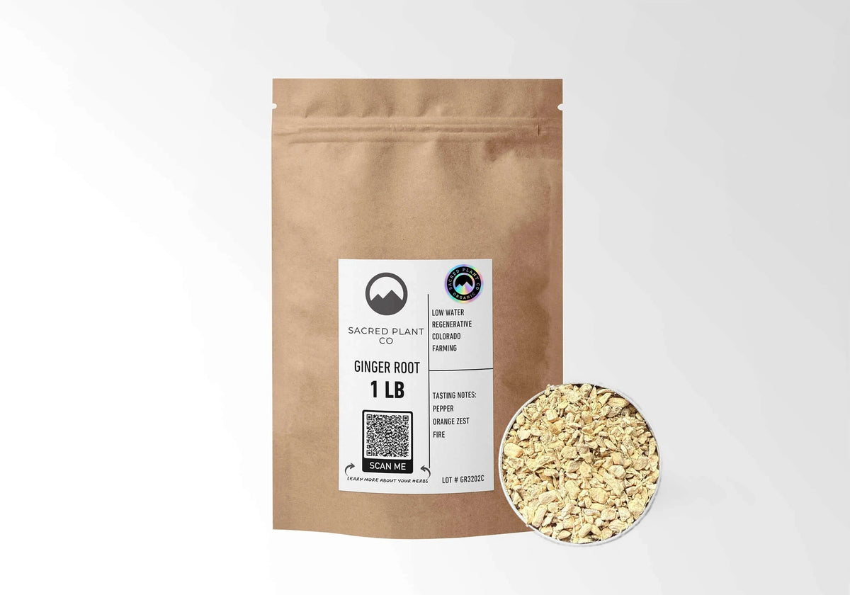 Sacred Plant Co Organic Ginger Root 1 LB kraft stand-up pouch shown with a sample of the herb.
