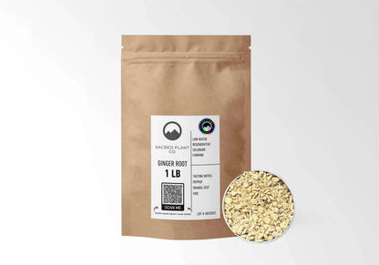 Sacred Plant Co Organic Ginger Root 1 LB kraft stand-up pouch shown with a sample of the herb.