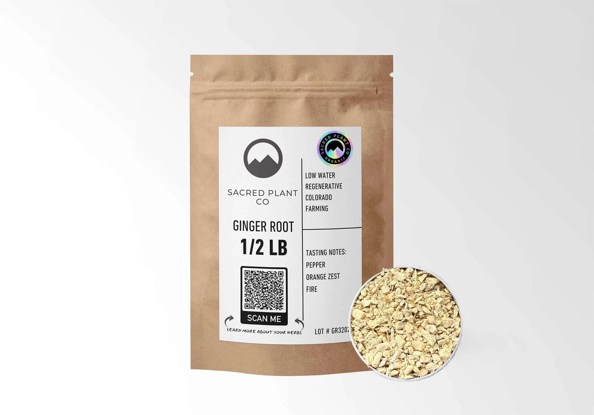 Sacred Plant Co Organic Ginger Root 1/2 LB kraft stand-up pouch shown with a sample of the herb.