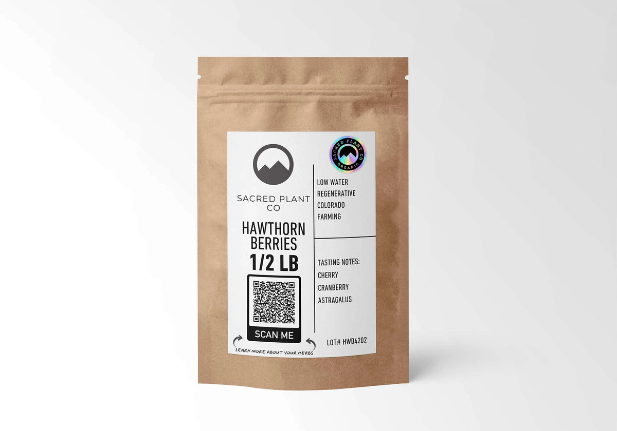 Sacred Plant Co Organic Hawthorn Berries 1/2 LB in a kraft stand-up pouch with the holographic organic seal on the label.