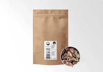 Sacred Plant Co Organic Hibiscus Flowers 5 LBS kraft stand-up pouch shown with a sample of the herb.