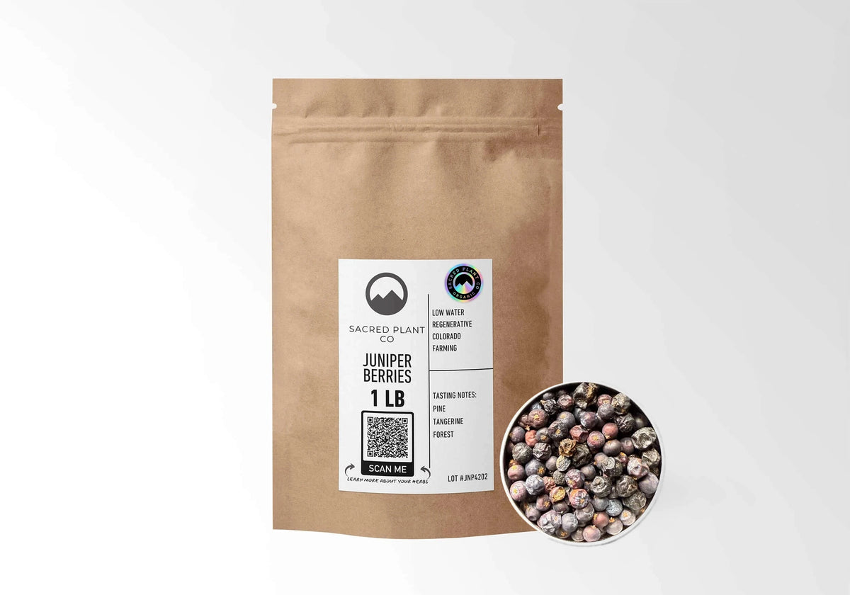 Sacred Plant Co Organic Juniper Berries 1 LB kraft stand-up pouch shown with a sample of the berries.