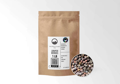 Sacred Plant Co Organic Juniper Berries 1 LB kraft stand-up pouch shown with a sample of the berries.