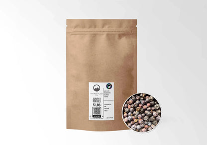 Sacred Plant Co Organic Juniper Berries 5 LBS kraft stand-up pouch shown with a sample of the berries.