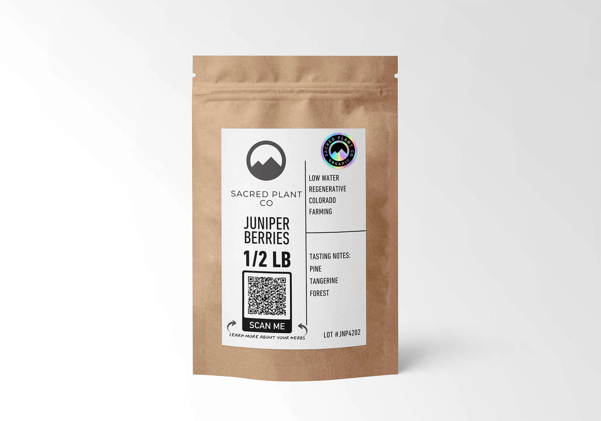 Sacred Plant Co Organic Juniper Berries 1/2 LB in a kraft stand-up pouch with the holographic organic seal on the label.