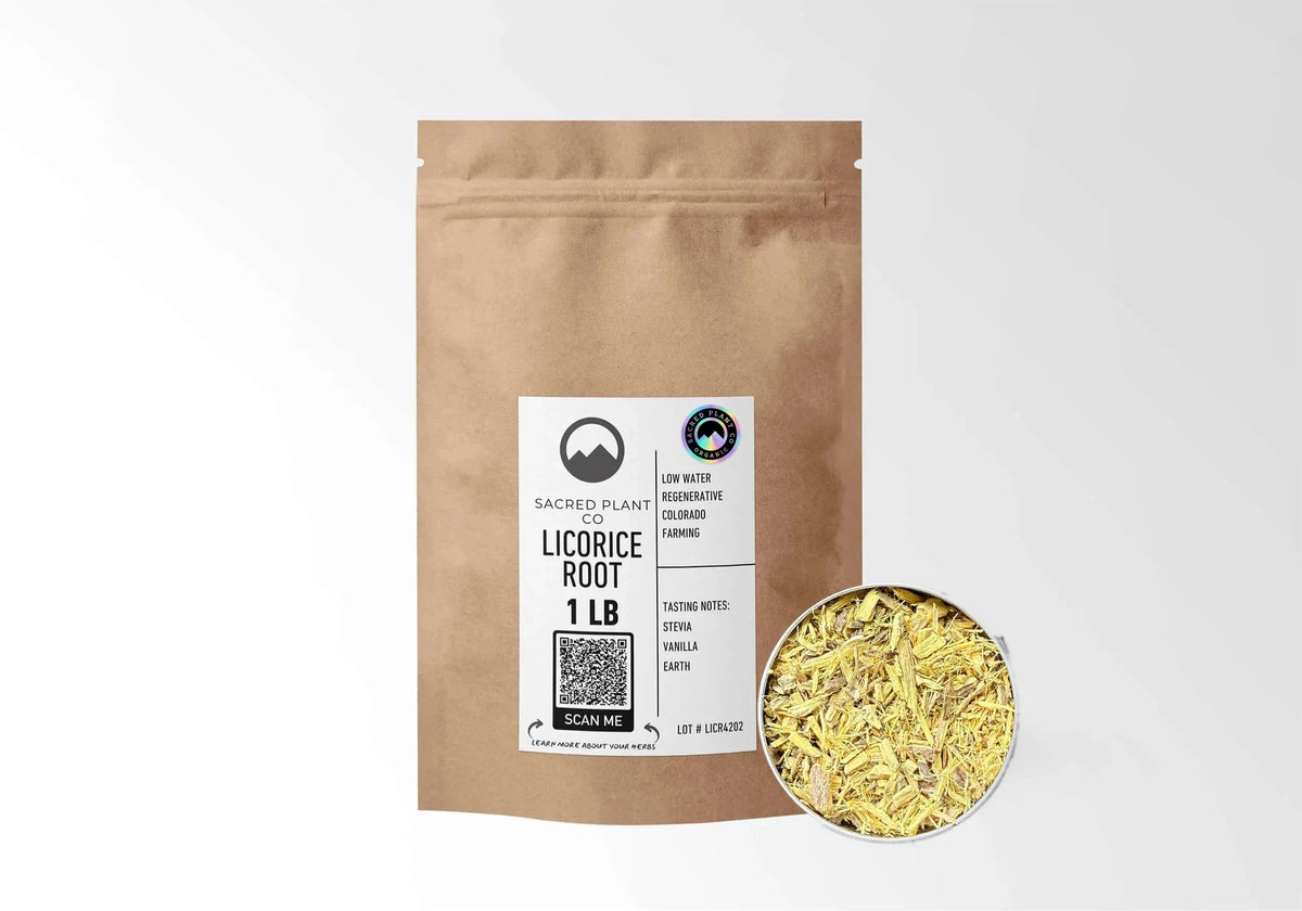Sacred Plant Co Organic Licorice Root 1 LB kraft stand-up pouch shown with a sample of the herb.
