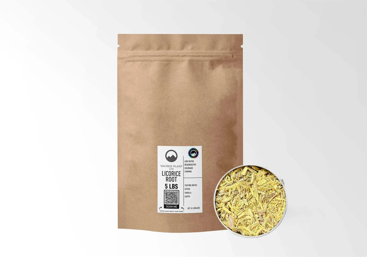 Sacred Plant Co Organic Licorice Root 5 LBS kraft stand-up pouch shown with a sample of the herb.