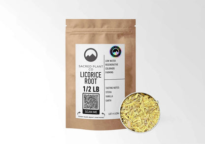 A 1/2 lb kraft pouch of Sacred Plant Co organic, cut and sifted Licorice Root (Glycyrrhiza glabra) shown next to a sample of the dried yellow root. The label highlights low-water regenerative farming and lists tasting notes of stevia, vanilla, and earth.