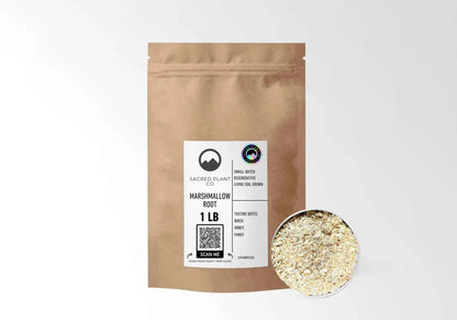 Sacred Plant Co Organic Marshmallow Root 1 LB kraft stand-up pouch shown with a sample of the herb.