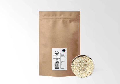 Sacred Plant Co Organic Marshmallow Root 5 LBS kraft stand-up pouch shown with a sample of the herb.