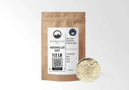 Sacred Plant Co Organic Marshmallow Root 1/2 LB in a kraft stand-up pouch with the holographic organic seal on the label.
