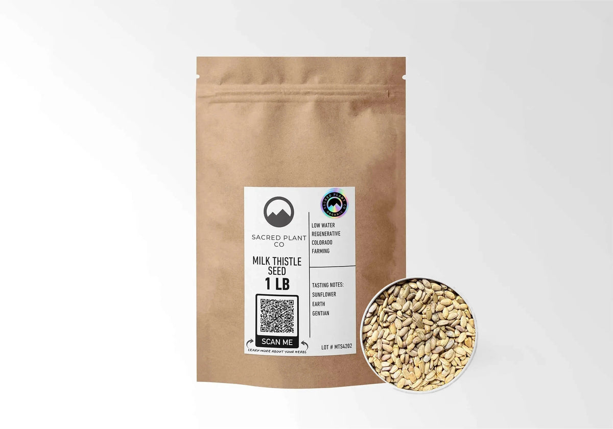 Sacred Plant Co Organic Milk Thistle Seed 1 LB kraft stand-up pouch shown with a sample of the seeds.