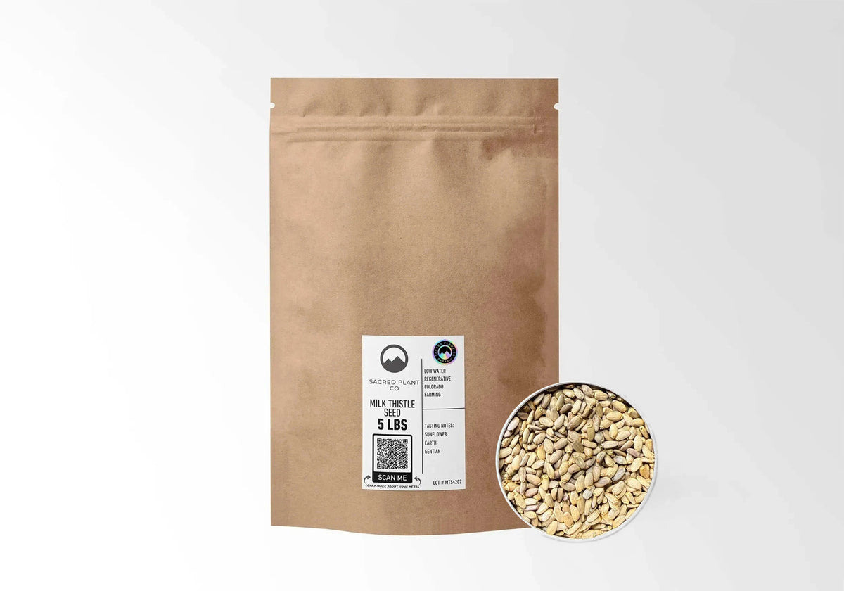 Sacred Plant Co Organic Milk Thistle Seed 5 LBS kraft stand-up pouch shown with a sample of the seeds.
